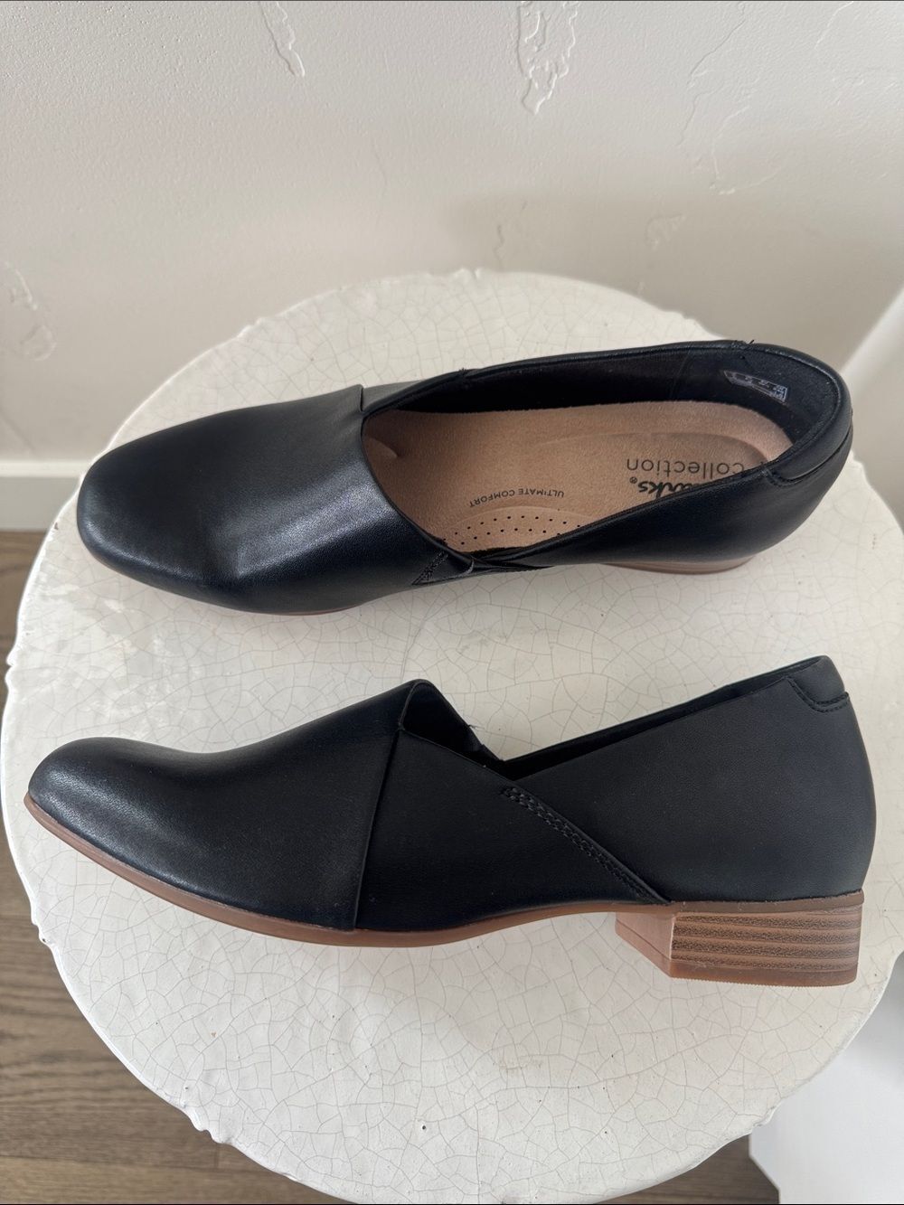 Clarks JULIET PALM Black Leather Slip-On Low Block Heel Loafers Size 8.5 NWOB